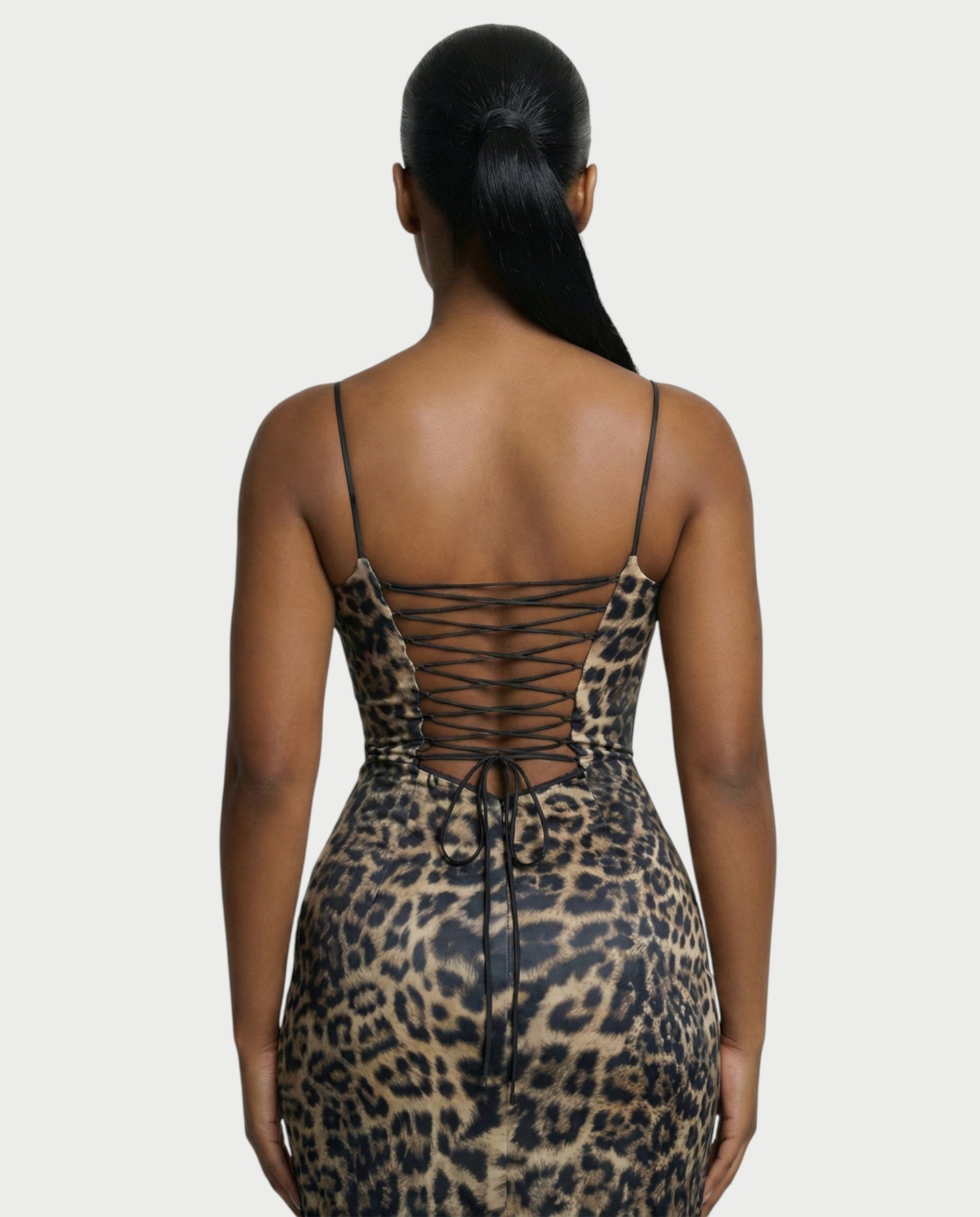 CAITLYN Leopard Print Lace-up Waist Maxi Dress