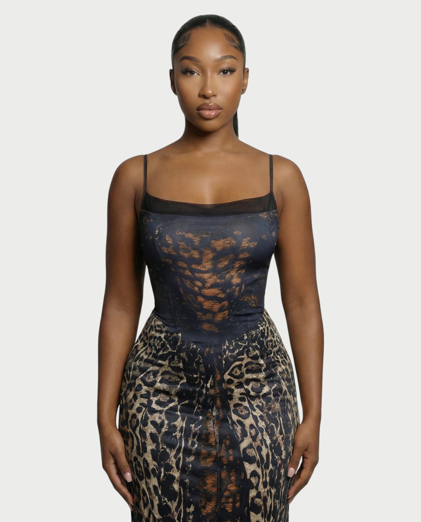 CAITLYN Leopard Print Lace-up Waist Maxi Dress